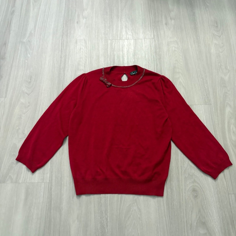 Nicole Miller Red Rhinestone Bow Neck Keyhole Back 3/4 Sleeve Sweater Womens S